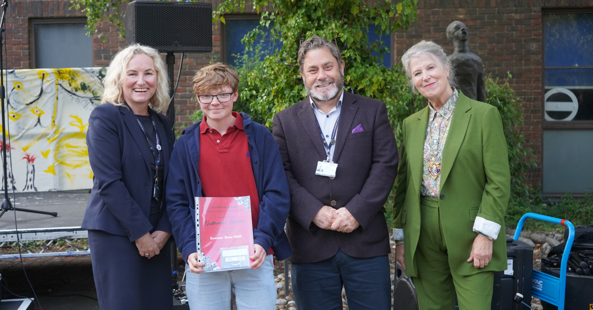 Nathan Cooper stood with Principal Helena Thomas, CCG Chief Executive Andy Green, and Worthing Mayor Cllr Cathy Glynn-Davies