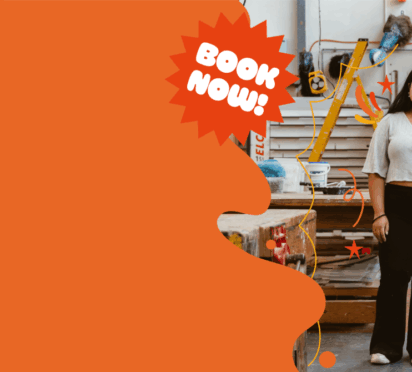 Smiling student in a workshop with ‘Book Now’ graphic promoting Northbrook College events.